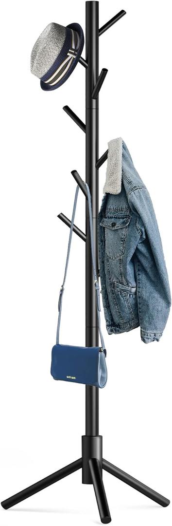 Wooden Tree Coat Rack Stand,Sturdy Freestanding Coat Rack with 8 Hooks,3 Adjustable Height for Child Adult,Wood Coat Stand Tree Fits Entryway Bedroom Office for Bags,Hats (1 PC, Black)