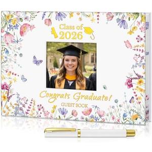 Gueevin 2026 Graduation Guest Book with Floral Cover 6 x 8'' A5 Size Class of 2026 Sign in Book for Graduation Party Memory Wish Souvenirs Scrapbook 72 Sheets of 144 Colorful Inner Pages with Pen