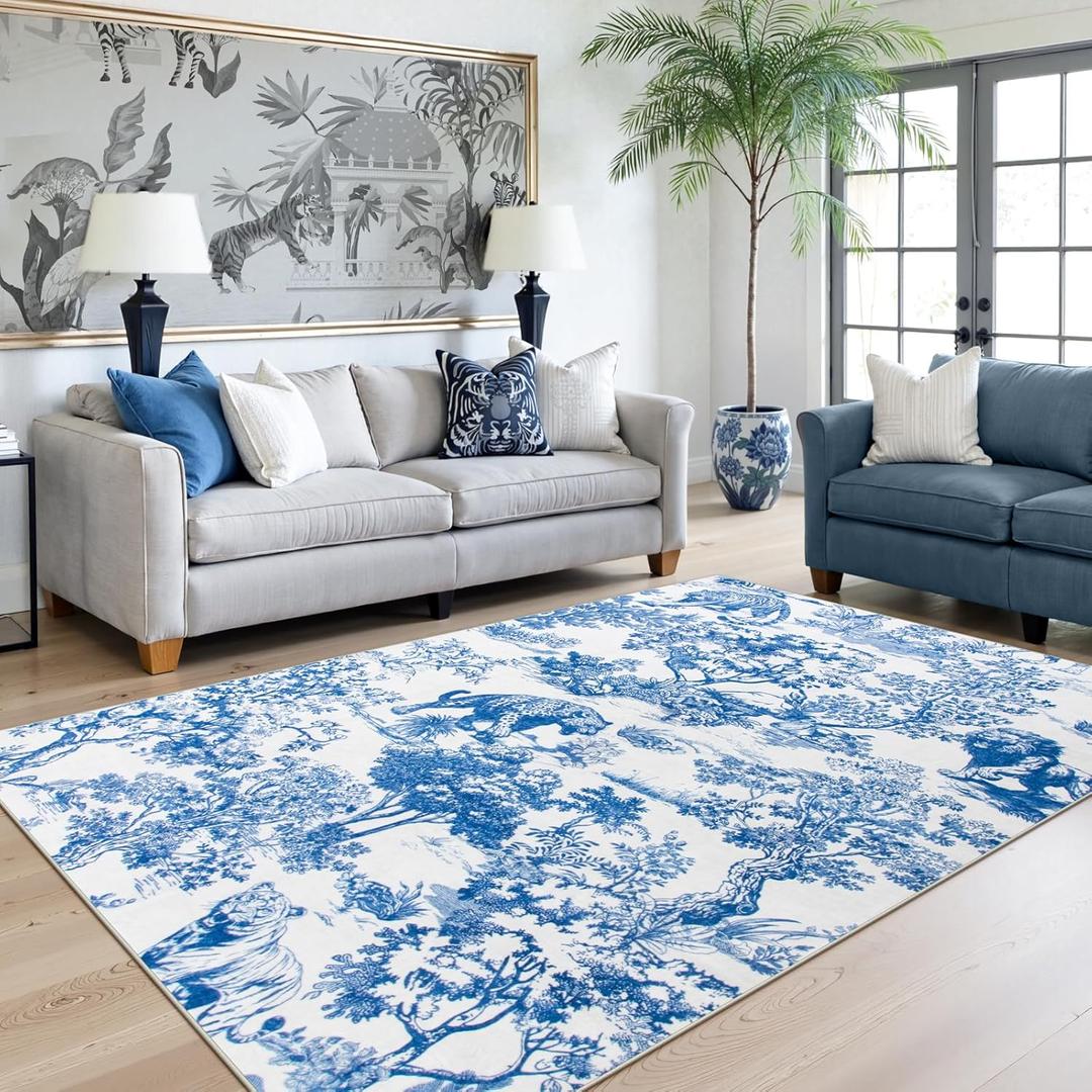 Lahome Washable 5x7 Area Rugs for Living Room, Classic Blue Toile Vintage Botanical Rug for Bedroom Dining Room, Unique Jungle Wild Animal Print Carpet with Tigers and Lions for Home Decor