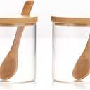 300ML/10Oz Clear Glass Jar with Bamboo Lid and Wooden Spoon, Cute Sugar Bowl Bath Salt Storage Canister Seasoning Container Condiment Pot with Scoop for Spice, Pepper for Kitchen, Table, Countertop