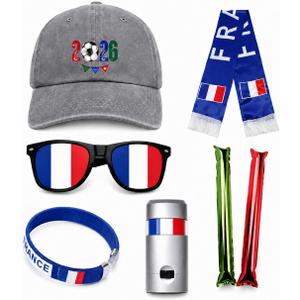 France Soccer Fan Gear Set, 7 Pcs 2026 Game Day Accessories with Hat, Scarf, Flag Sunglasses, Wristband, Flag Face Paint & Cheer Sticks, Soccer Party Supplies for Watch Parties (Gray)