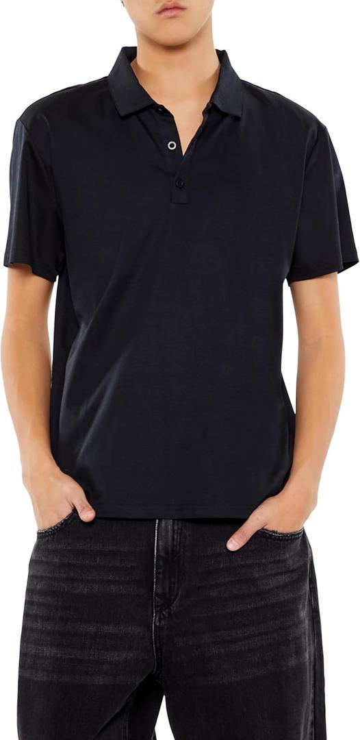 Forever 21 Mens Supima Cotton Slim Polo Shirt (Large, Black)