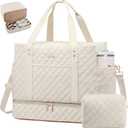 LOVEVOOK Large Travel Duffle Bag for Women, 52L Weekender Bags with Shoe Compartment & Wet Pocket, Quilted Carry On Personal Item Bag, Overnight Hospital Bags for Labor Delivery Beige