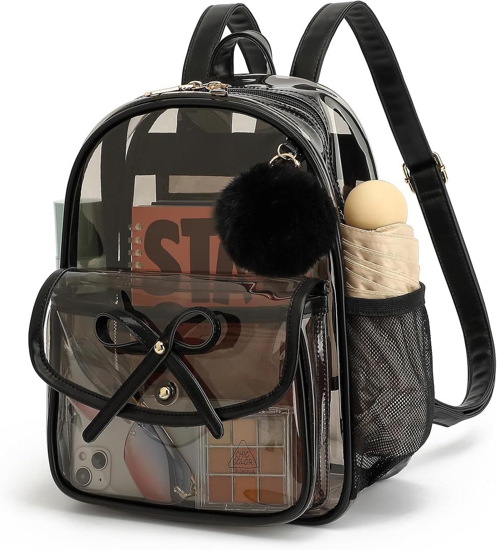 Clear Backpack for Stadium Events 12x12x6, Thick PVC Small Clear Bag with Leather Trim Fashion Women Backpack (Black)