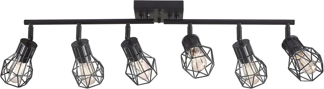 Black Track Lighting Fixtures Ceiling,6-Light Farmhouse Track Lighting with Metal Cage Design  Kitchen Lights Ceiling Mount for Kitchen, Living Room, Dining Room (E26 Base)