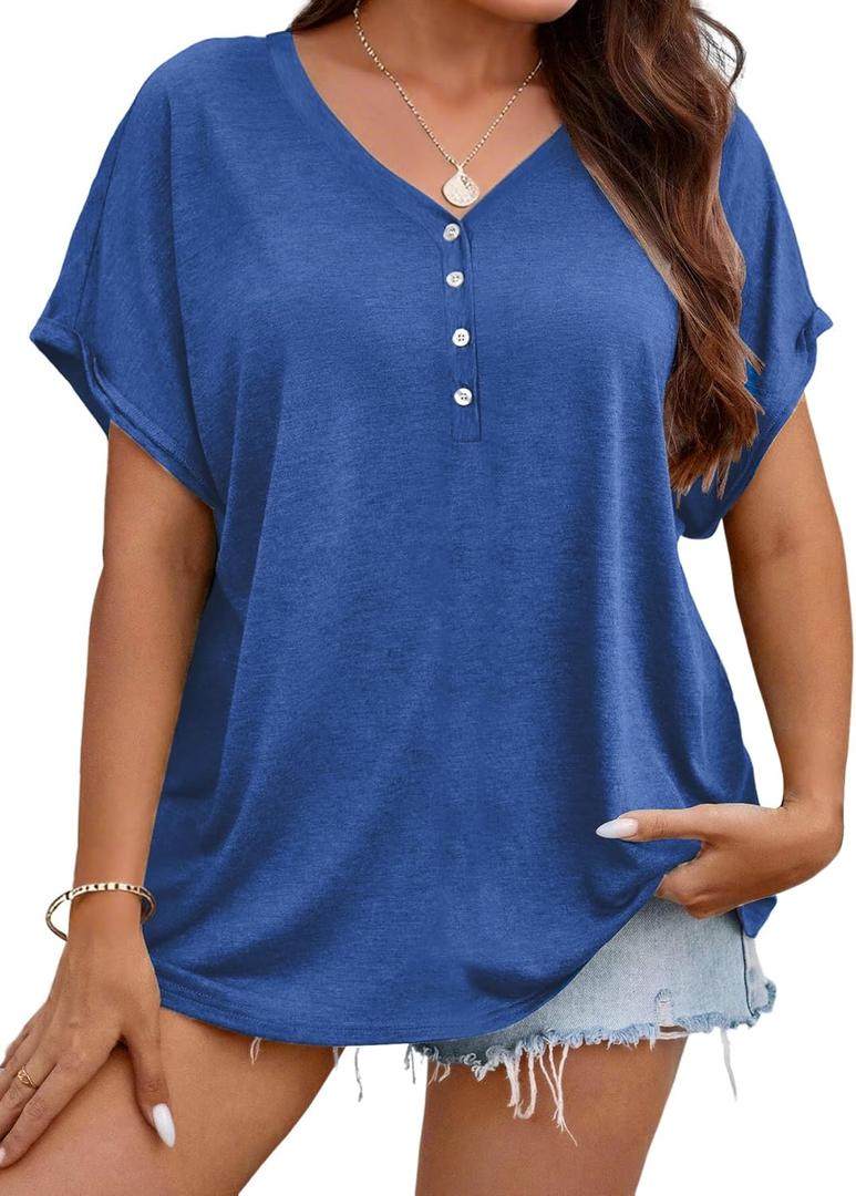 HDLTE Plus Size Tops for Women Summer V Neck Short Sleeve Tee Shirts Button Casual Loose Fit Blouse (2XL, Blue)