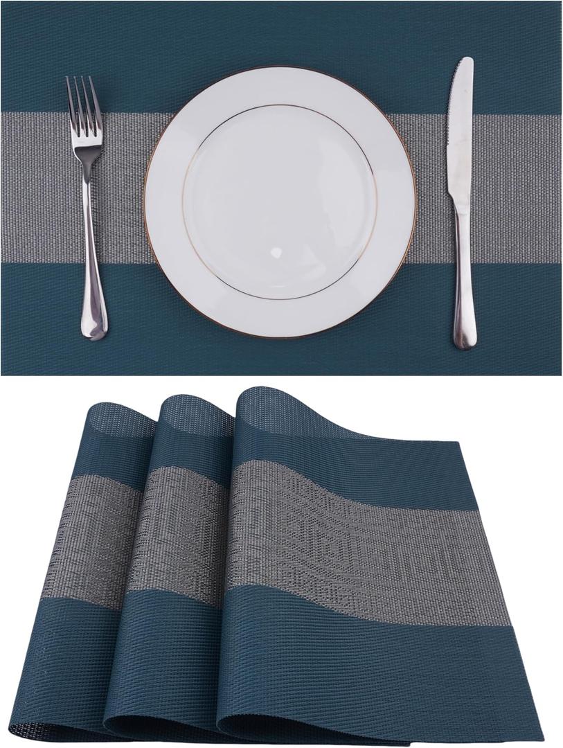 WAZAIGUR Woven Vinyl Placemats,Washable Easy to Clean Table Placemats (Set of 4, Blue Grey)