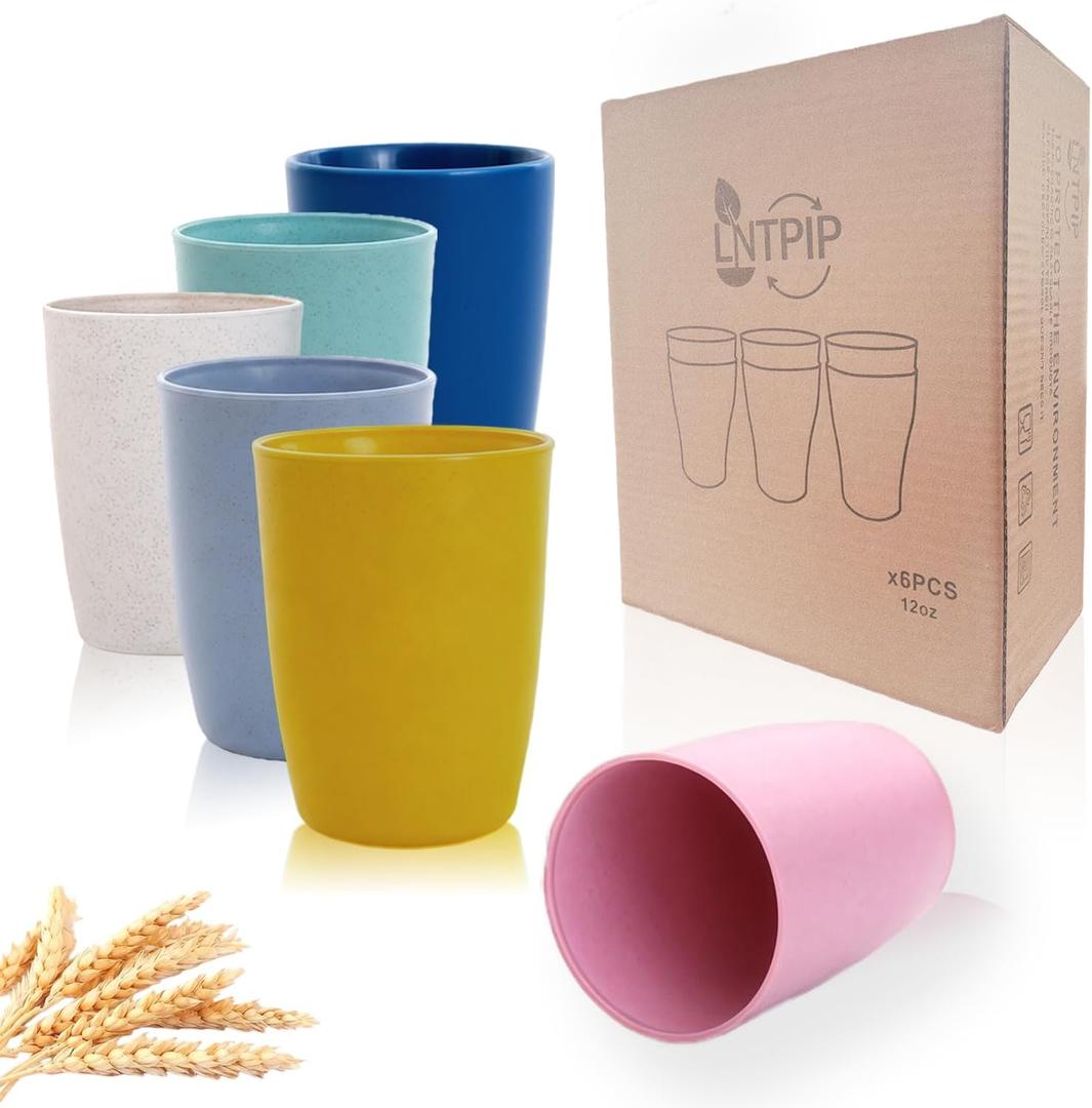 LTNPIP Reusable Wheat Straw Cups 12oz 6-Piece Set | Lightweight & Unbreakable, BPA-Free, Eco-Friendly, Dishwasher Safe