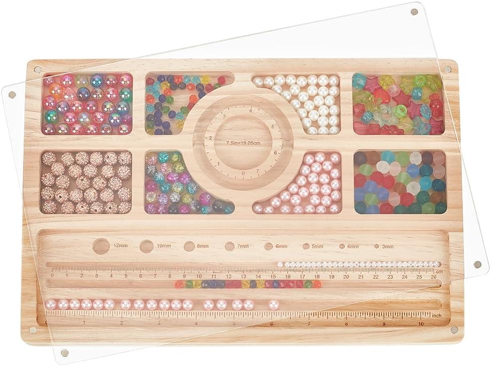 BENECREAT Wooden Beading Board with Clear Acrylic Lid, 11.8x7.8x0.6inch Bracelet Board with Measurements Bead Design Tray for DIY Jewelry Bracelets and Necklaces Making