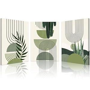 WANGTIAO 3 Panels Boho Framed Canvas Wall Art for Living Room, Aesthetic Green Plants Lines Wall Decor for Dedroom Office Canvas Paintings Green Minimalist Artwork for Walls Ready to Hang 16"x24"x3