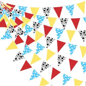 32Ft Cartoon Story Party Decorations Red Blue Yellow Toy Themed Story Fabric Banner Cloud and Cow Print Triangle Pennant Flag Garland Streamers for Kids Birthday Baby Shower Outdoor Garden Supplies
