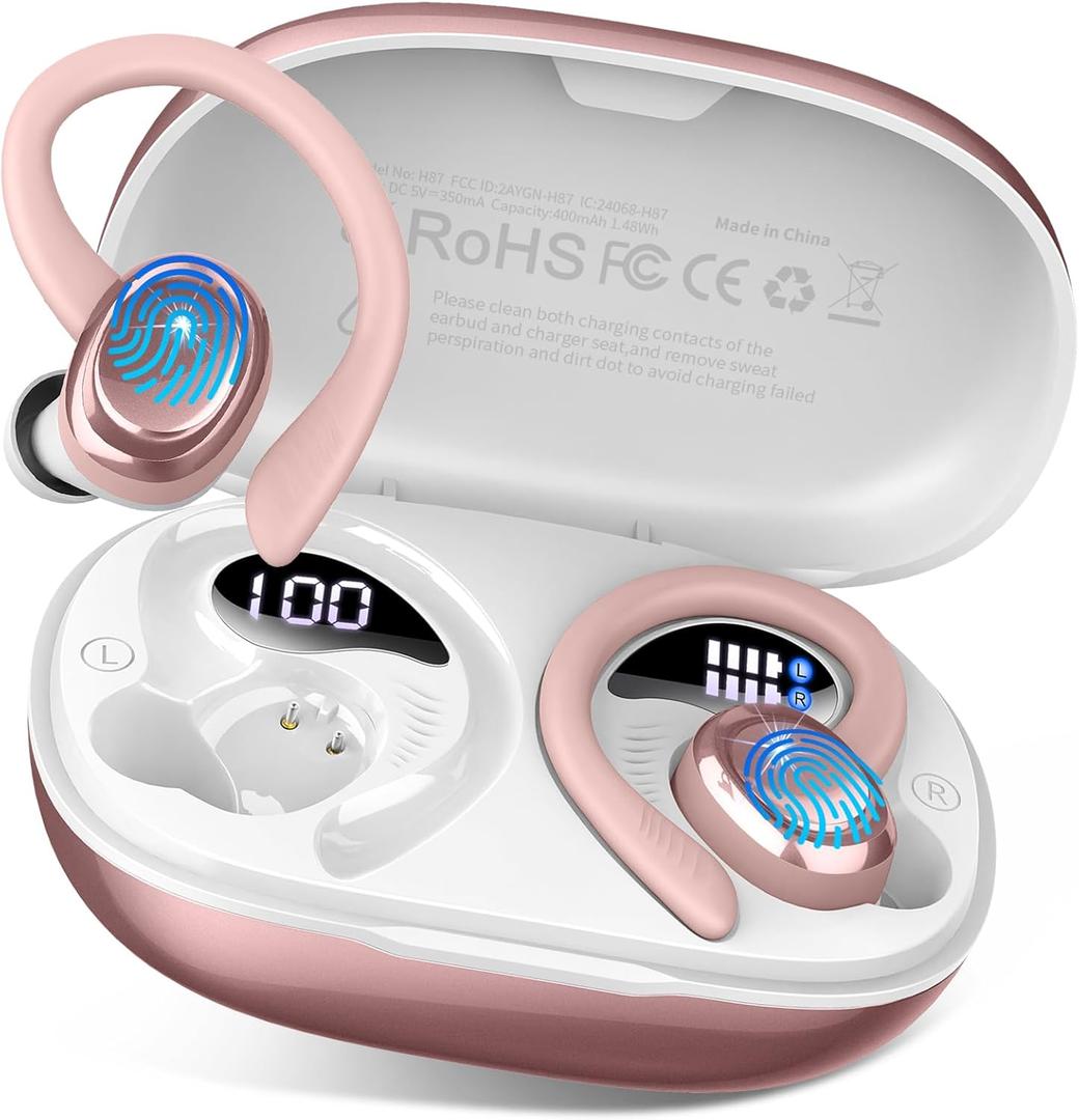 Wireless Earbuds Bluetooth 5.4 Headphones Sport, 2025 Bluetooth Earbuds with Earhooks, 50H Stereo Over Ear Buds, Earphone with 4 ENC Noise Canceling Mic, IP7 Waterproof Headset for Running/Gym/Workout, Rose