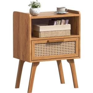 Lerliuo Rattan Nightstand, Side Table with Drawer Open Shelf, Cane Accent Bedside End Table with Solid Wood Legs, Mid Century Modern Night Stand for Bedroom, Dorm and Small Spaces (Tea Brown), 1 Pack