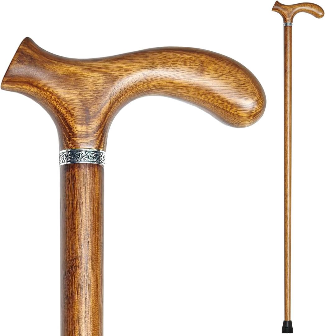 Wooden Walking Cane with 5 Height for Men and Women, Handmade Wood Cane with Comfort Grip Handle, Supportive Mobility Aid for Seniors, Fashionable & Classic Lightweight Stick (Caramel)