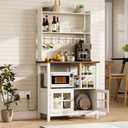 ChooChoo Farmhouse Bakers Rack with Power Outlets and Storage, Coffee Bar Cabinet with Storage, Microwave Stand Kitchen Cabinet with Hutch and 6 Hooks, Soft White & Brown