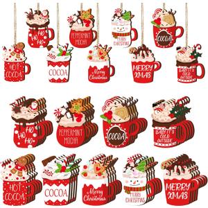 BBTO 36 Pieces Christmas Ornaments Hot Cocoa Cup Wood Hanging Ornaments Gingerbread Marshmallow Coffee Bar Decoration Wood Xmas Decoration for Tree Home