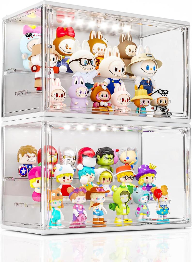 Acrylic Display Case for Collectibles with LED Light, 3 Layer Adjustable Figure Display Case with Magnetic Door, Lighted Display Box Stackable Clear Blind Box for Action Figure, Popmart, 2 Pack