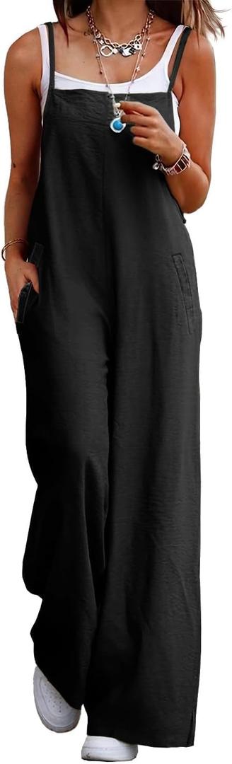YESNO Women's Summer Boho Casual Jumpsuits Wide Leg Overalls Floral Print Baggy Rompers with Pocket 3XL PZZCR Solid Black (Black, XXXL)