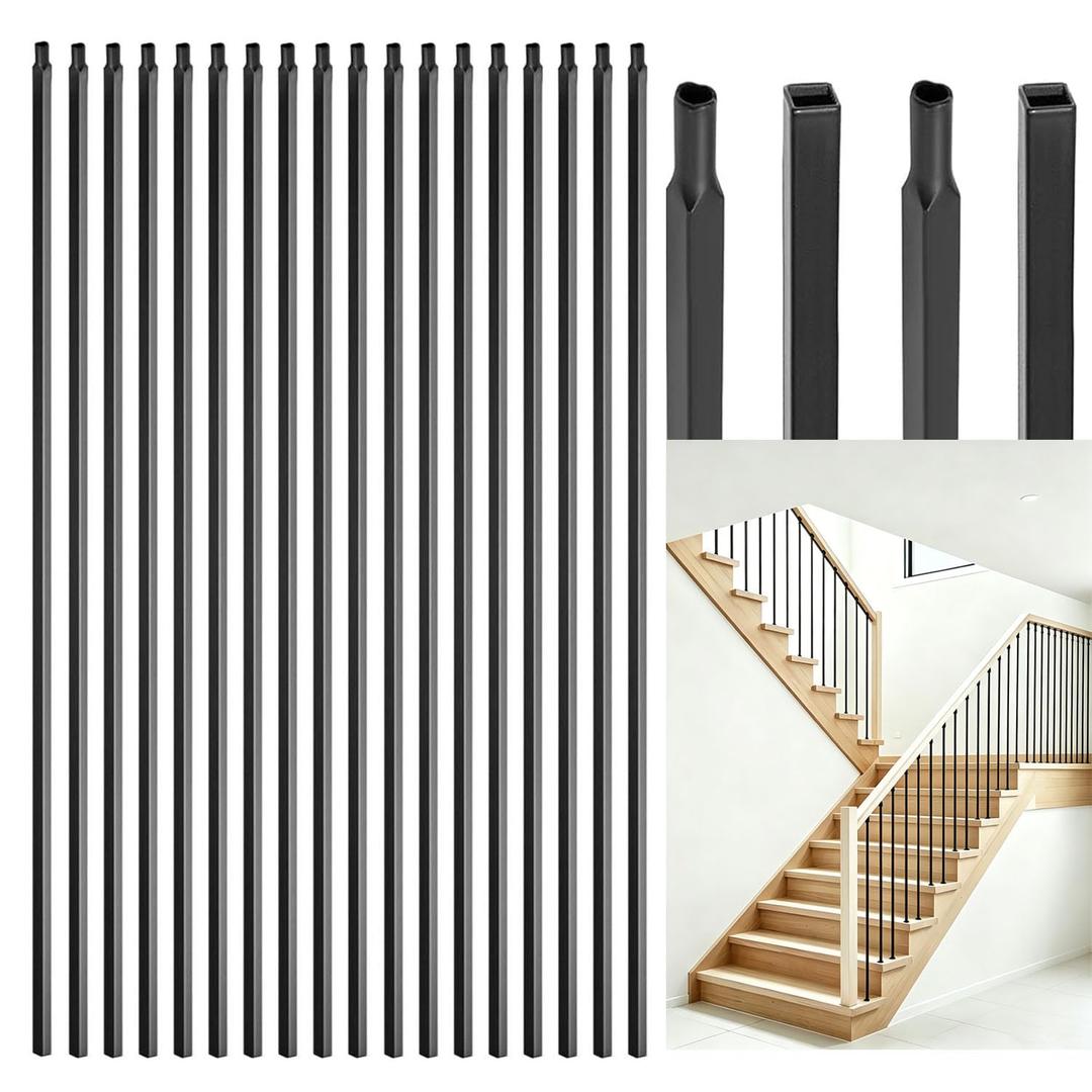 30 Pack 1/2" x 44" Wrought Iron Balusters, Square Hollow Metal Balusters, Deck Balusters, Black Metal Balusters for Stairs, Straight Stair Banister Spindles Railing