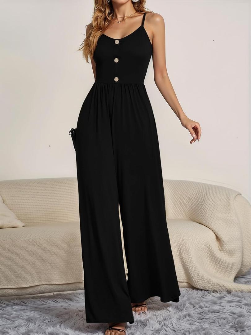 Womens Spaghetti Strap Sleeveless Jumpsuit - Button Down Front Elastic Waist Wide Leg Romper for Casual Daily Wear (Black, XXL)