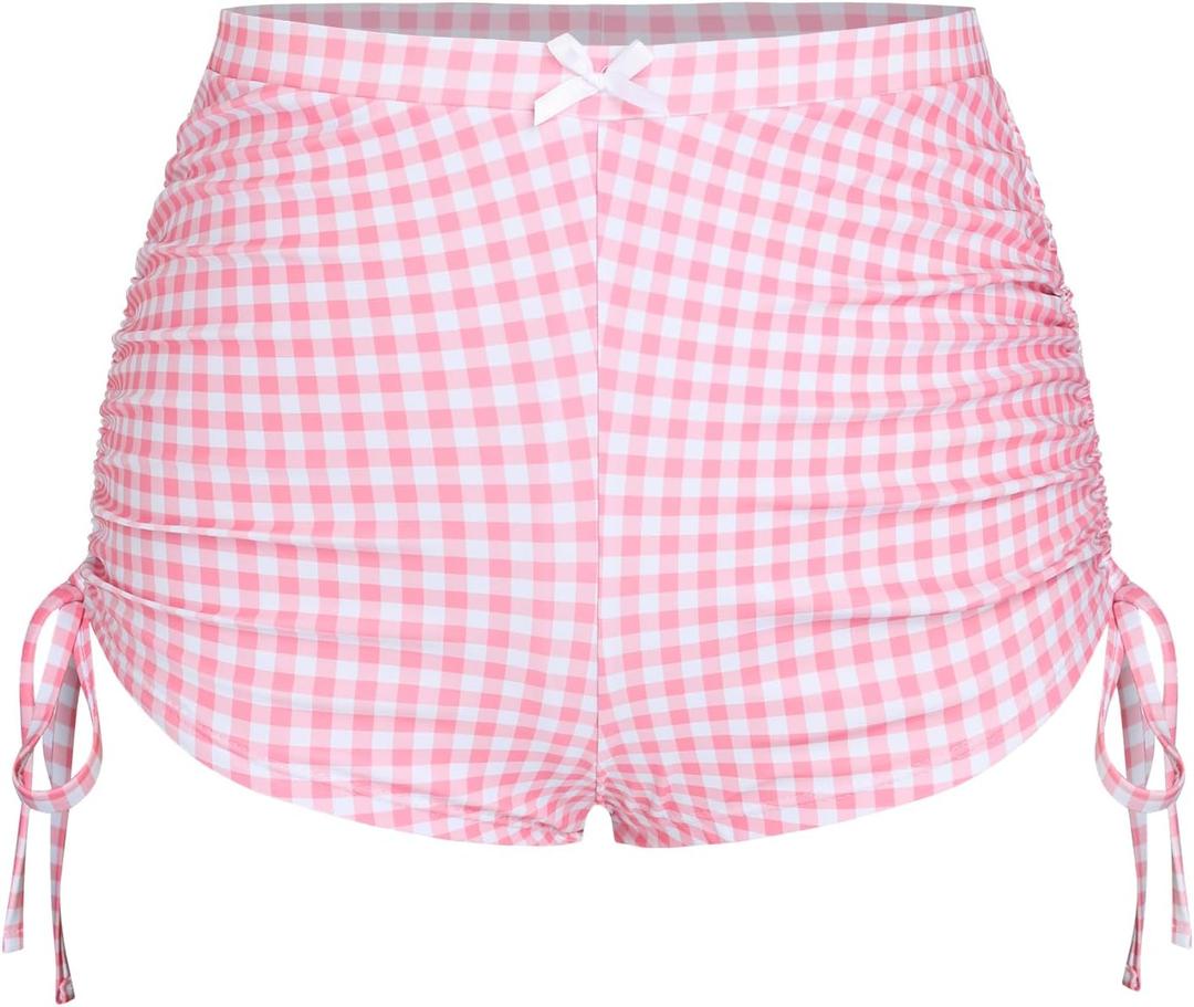 ZAFUL Women's Swim Shorts High Waisted Bow Gingham Floral Print Boyshorts Bathing Suit Swimsuit Bottoms Board Shorts (X-Large, 3-gingham Pink)