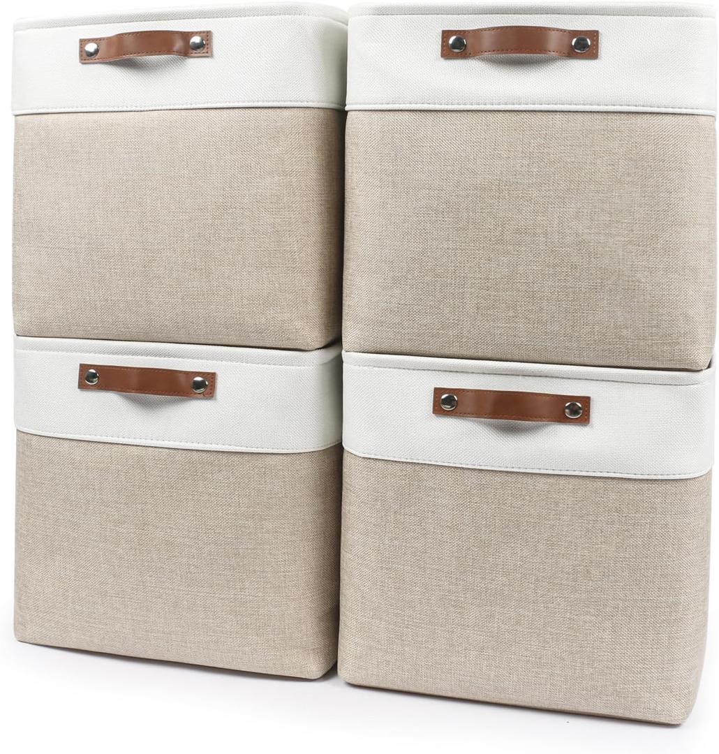 Bagnizer 13x13 Cube Storage Bins, Collapsible Fabric Storage Box, 4 Pack Closet Baskets with Handles for Organizing, Shelf, Toys, Clothes, Home, Office, Nursery (Beige&White)
