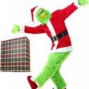Santa Costume Adult.Christmas Costume 7pcs Suit With Green Monster Mask and Red Hat.Christmas Gift Box Packaging