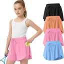 Didaey 4 Pack Girl's Athletic Flowy Shorts Kids Butterfly Short with Pockets 2 in 1 Drawstring Sports Skirts for 5-14 Years (Blue, Light Pink, Light Orange, Black)