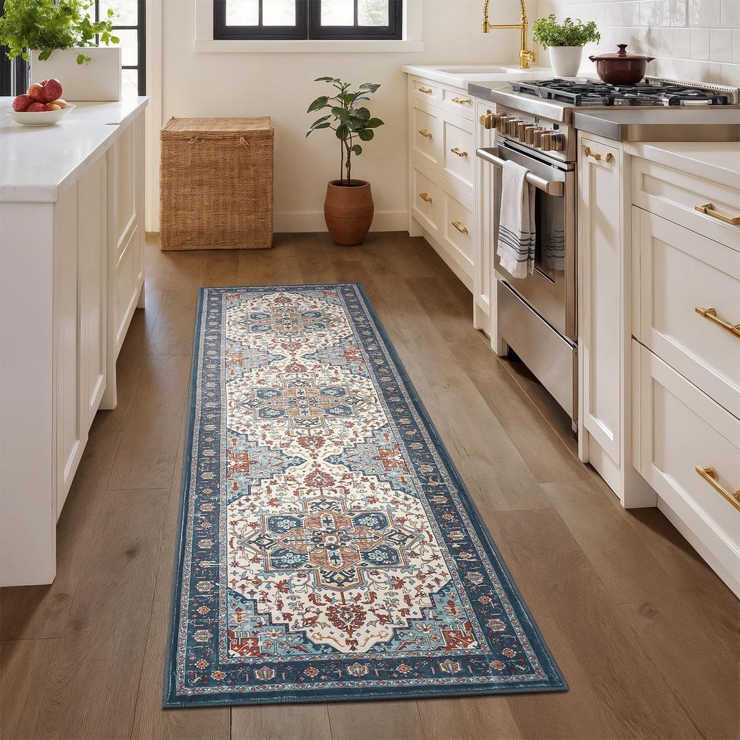 Rugflix 2x6 Runner Rug for Hallway, Washable Kitchen Runner Non Slip, Vintage Low Pile Entryway Carpet, Soft Stain Resistant Long Laundry Room Rug for Stairs, Bedroom, Blue Orange