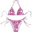 MakeMeChic Women's Halter Tie Side Triangle Bikini Set high cut 2 Piece Bikini Swimsuit Bathing Suit Hot Pink and White, L