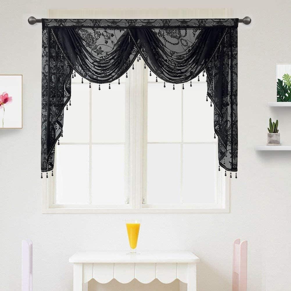 Black Lace Swag Valance for Kitchen Windows Embroidered Beaded Swag Waterfall Valances with Tassels Trims for Living Room Bedroom Rod Pocket 1 Panel (W59 Inch, Black)