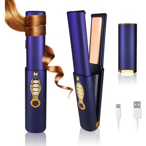 Cordless Curling Iron Titanium Portable Flat Iron Travel Curling Wand Straightener and Curler 2 in 1 Dual Voltage & 3 Temps Hair Styling Tools 5000 mAh Battery Heats Up in Seconds for Long Short Hair (Blue)
