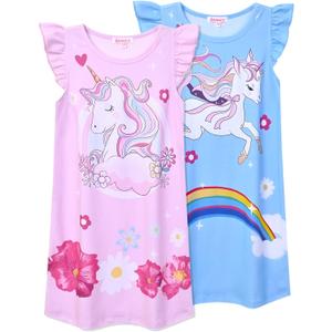 QPANCY 2-Pack Girls Nightgown Flutter Sleeves Pajamas Princess Night Dresses Cotton Sleepwear, (10-11 Years, Unicorn U37)