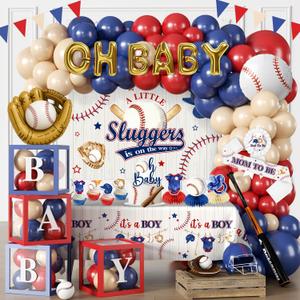150pcs Baseball Baby Shower Decorations Complete Party Set, A Little Slugger is on the Way Baby Shower Decorations include Balloon Arch, Foil Balloons, Cake Decor, Backdrop, and Tablecloths