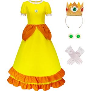 Princess Daisy Costume Adults Peach Costume Rosalina Dress Party Gown Ball Dress Crown Earrings for Women (X-Small, Yellow)