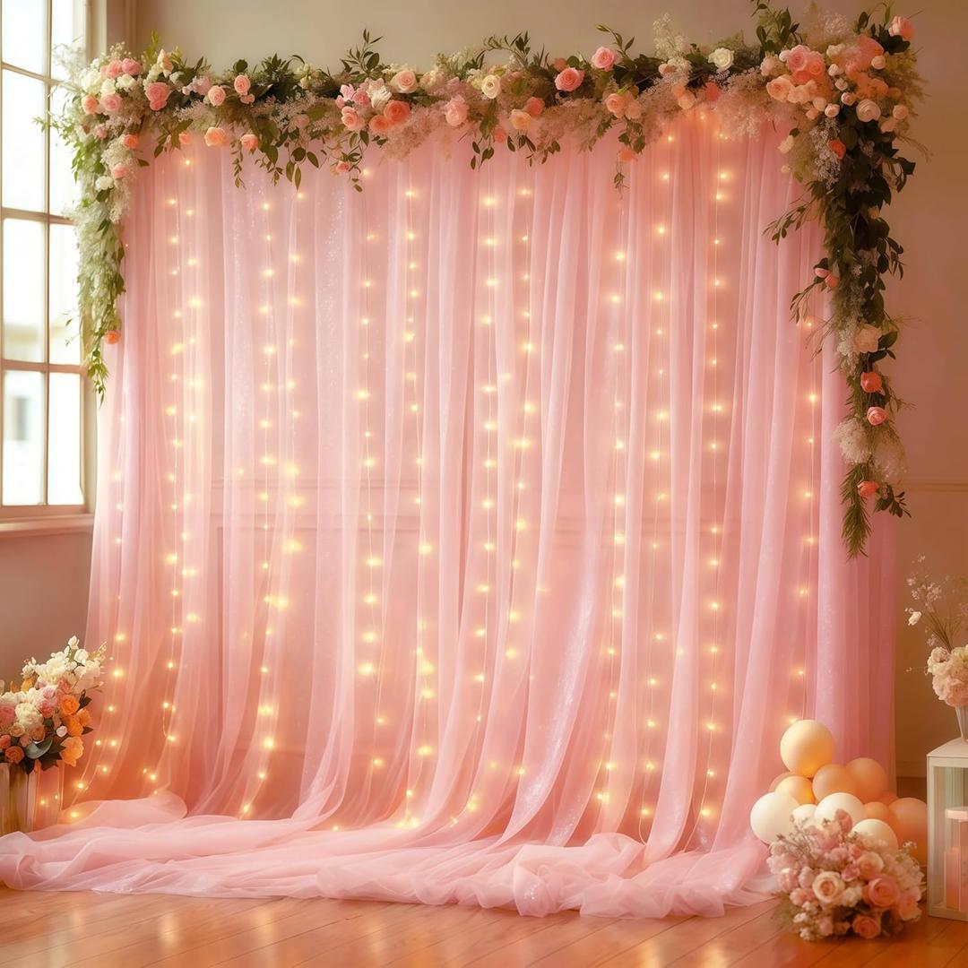 10x10FT Pink Wrinkle Free Backdrop Curtains with Lights String for Parties - Photo Curtain Backdrop with Lights for Wedding Decorations, Bridal Baby Shower Birthday Party Photography Background (10FTx10FT (W5'xH10', 2 Panels))