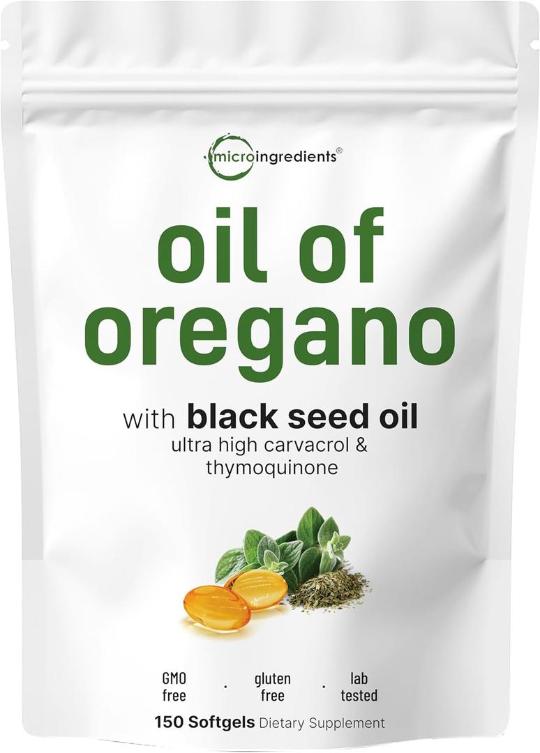 Micro Ingredients Oil of Oregano Softgels, 150 Count | 2 in 1 Formulated with Black Seed Oil | 4X Strength Carvacrol & Thymoquinone | Plant Based, Non-GMO