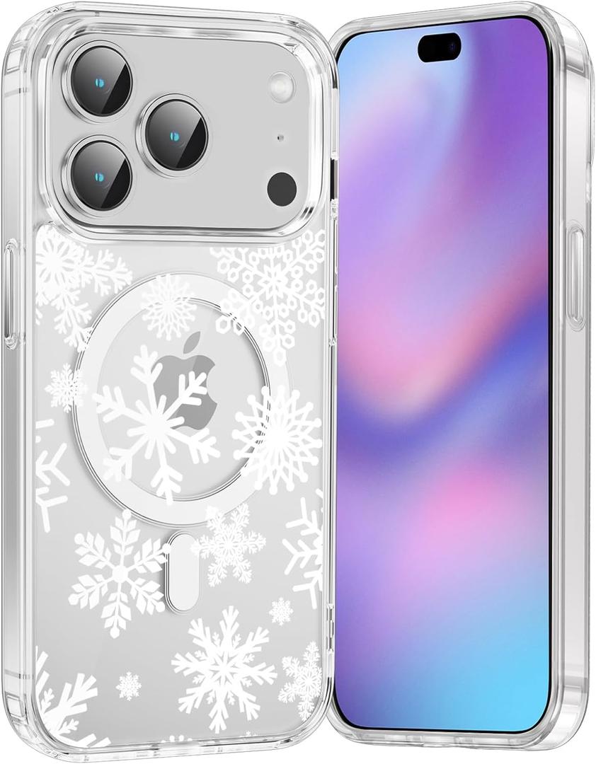 Merry Christmas Snowflake Phone Case for iPhone 17 Pro Max Xmas Clear Magnetic Case 6.9", Compatible with Magsafe, Cute Winter Pattern Design Cover Shockproof Soft TPU Funda for Girl Women