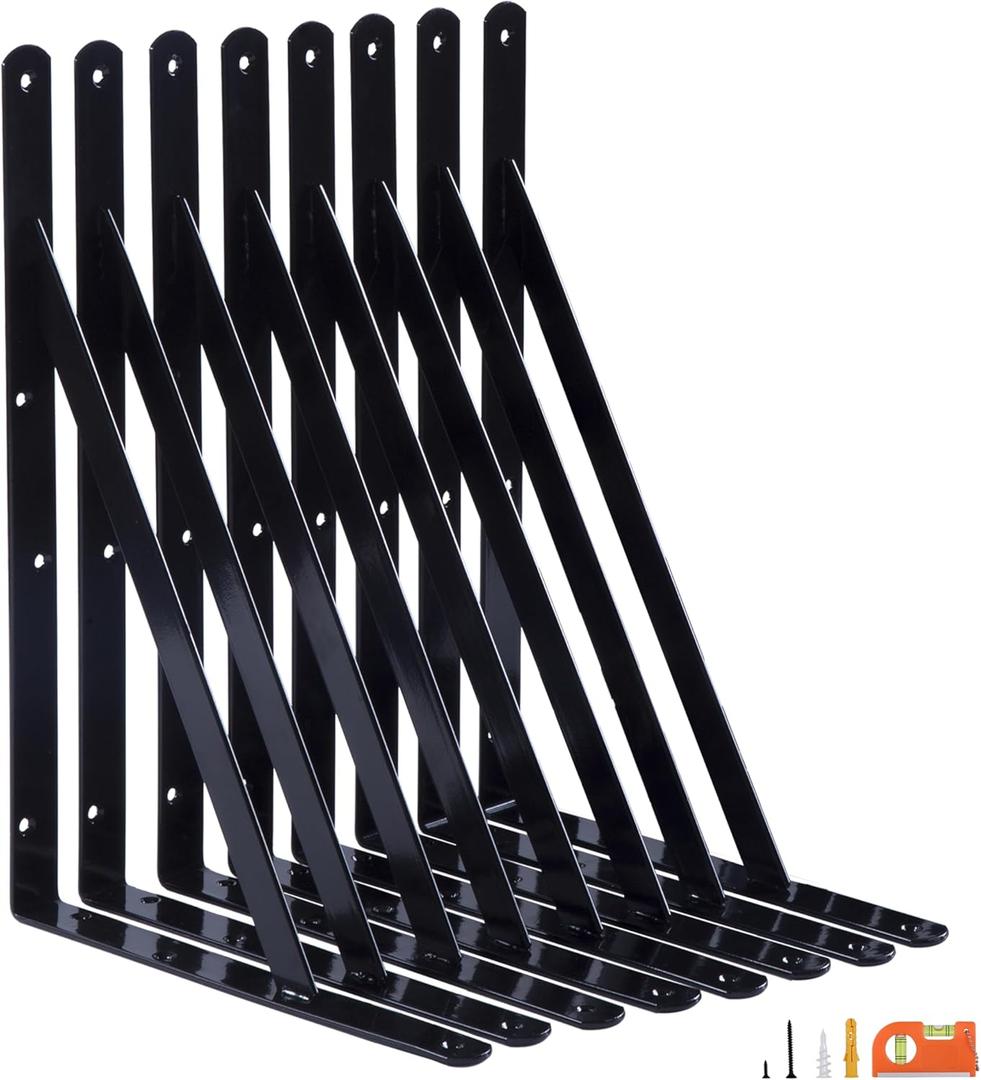 8-Pack 18 Inch Heavy Duty Shelf Brackets, Thicken Wall Bracket for Garage Floating Storage Shelves, 90 Degree Triangle Large L Bracket, Black Powder-Coated Steel