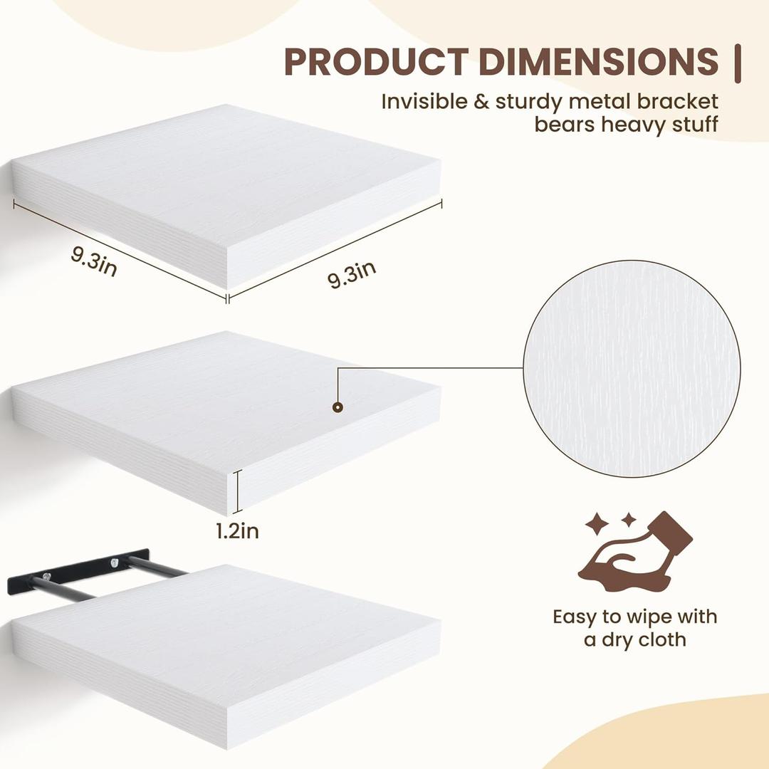 Fun Memories Floating Shelves for Wall  9 Inch Square Shelves with Invisible Brackets, Small Wall Shelf for Living Room, Bathroom, Bedroom, and Kitchen Decor，White Set of 3