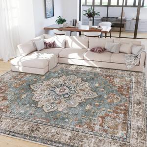 Machine Washable 9x12 Area Rugs for Living Room Vintage Carpet Non Slip Low Pile Water Repellent Soft Print Pattern for Bedroom Indoor Decor Polyester Rug Browngreen