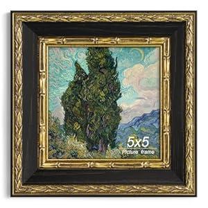 Yaetm Vintage 5x5 Picture Frame, Ornate Antique Gold 5 x 5 Square Frame with Real Glass, 1.4-inch Wide Molding, Display Photos & Art Print on Tabletop or Wall Mounting (Black/ Gold, Single)