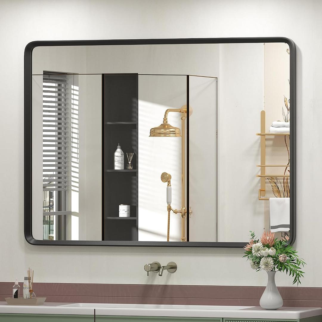44x36 Inch Black Matte Framed Mirror for Bathroom, Rounded Rectangle Mirror, Bathroom Vanity Mirror for Wall, Anti-Rust, Shatterproof (Horizontal/Vertical)