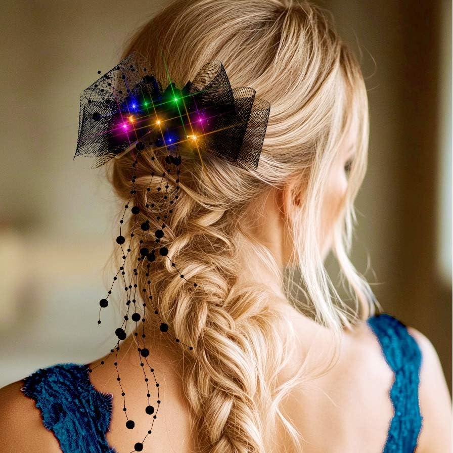 2 x Yokawe LED Light Up Hair Bow Clip,Black Tulle Flower Prom Wedding Costume Accessory with Pearls & Feathers for Women