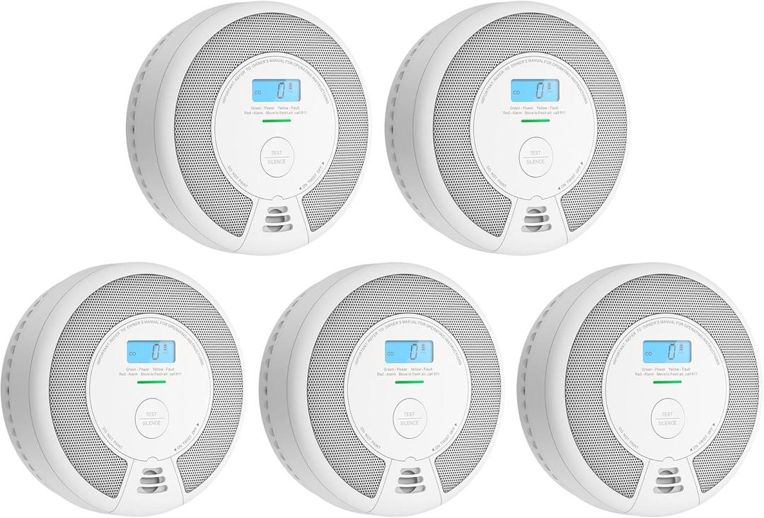 X-Sense 10-Year Battery Combination Smoke Carbon Monoxide Alarm Detector with Large LCD Display, Standalone Model, 5-Pack