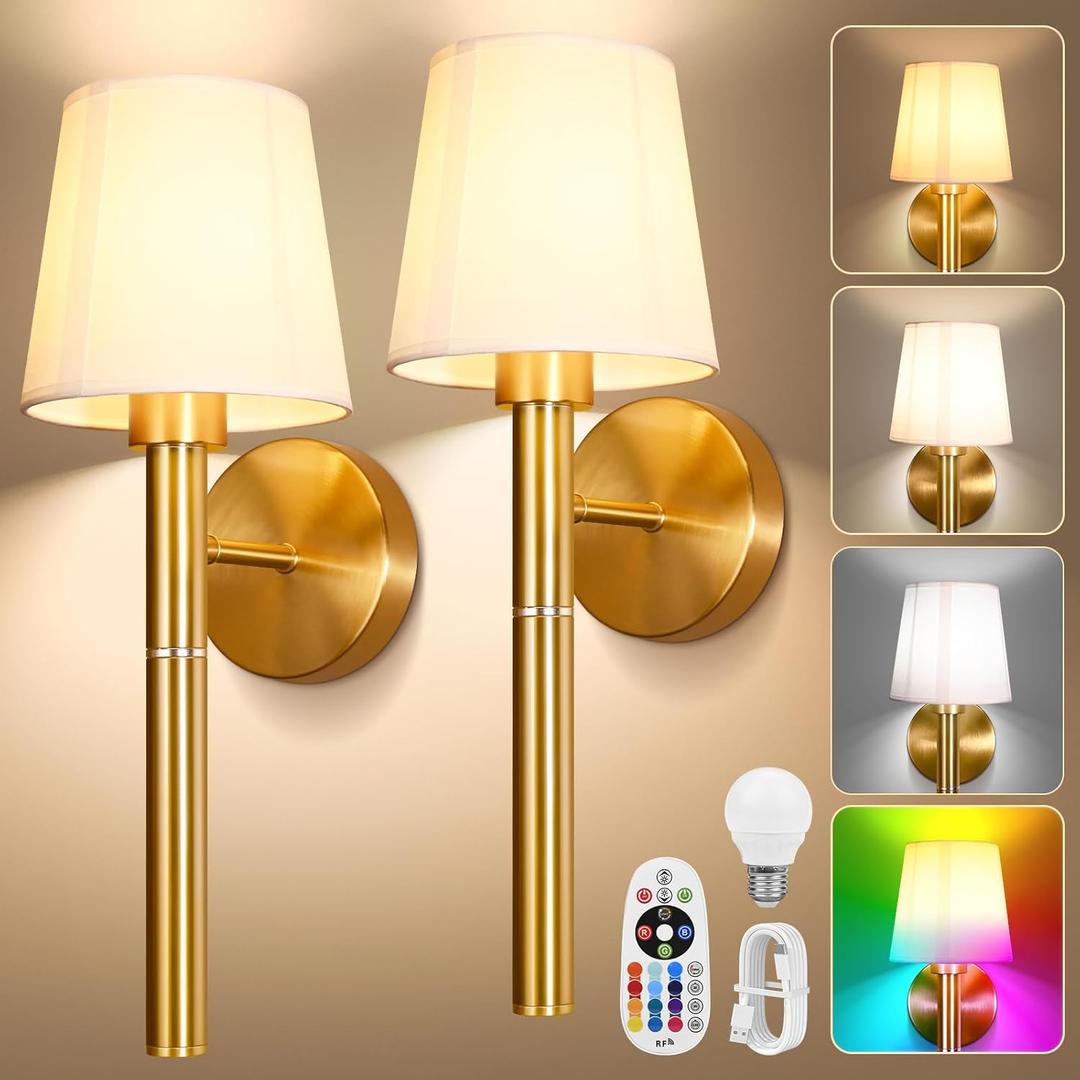 Battery Operated Wall Sconce Set of 2, 5200mAh RGB Wireless Wall Lights with Detachable Charging Stick & Dimmable Bulbs, 12 Colors Rechargeable Wall Lamps for Bedroom Living Room Hallway Decor, Gold