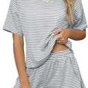 HDQHDQ Women's Striped Pajama Set Summer Short Sleeve Top and Shorts 2 Piece Lounge Sets Side Slit Cute Pjs