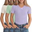 LessonZoo 3 Pack Girls Shirts Ribbed Knit Short Sleeve Modest Soft V Neck Tops Casual Lace Trim Slim Fitted Tees Cute 5-14Y(Cream, Light Green, Light Purple,9-10 Years)