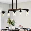 36.2 Kitchen Lighting, 5-Light Dining Room Light Fixture Chandelier Over Table, Black Modern Rustic Wood Ceiling Pendant Light Fixtures, with Clear Glass Shade, Farmhouse Chandelier