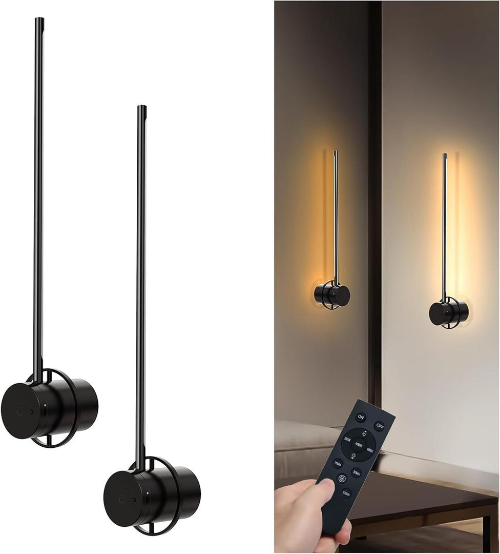 Swatia Wireless Wall Sconces Set of Two, 23.6" Rechargeable Art Display Light, 3 Color Temperature Dimmable with 350 Rotation Wireless Lights for Living Room Bedroom Hallway Gallery Art Frame (23.6 inch-Black-2Pack)